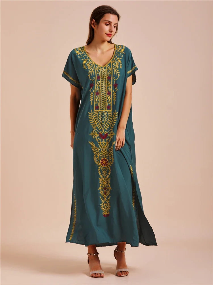 Embroidery Robe V-neck Batwing Sleeve Beach Maxi Dress