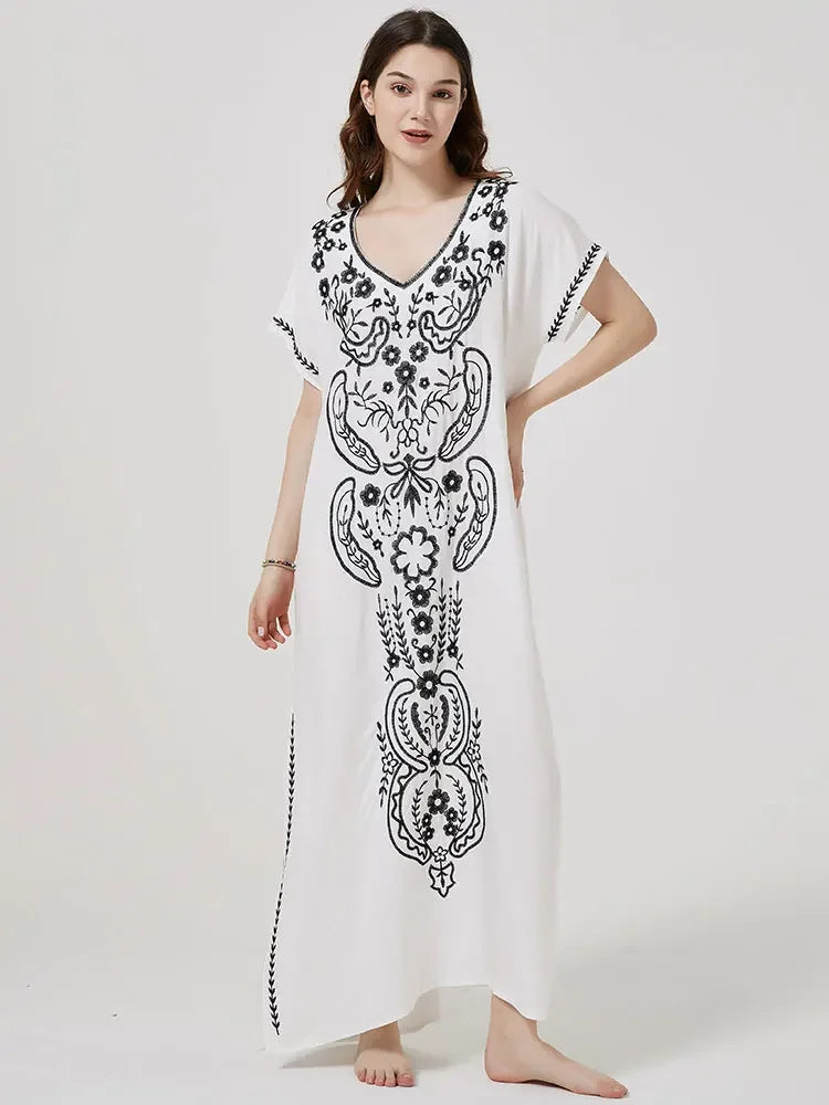 Embroidery Robe V-neck Batwing Sleeve Beach Maxi Dress