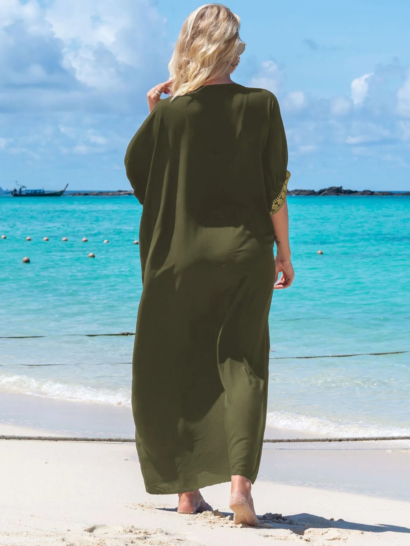 Women's Embroidery Swimsuit Cover Ups Beach Cover Up Caftan Plus Size Vneck Rainbow Ethnic Print Kaftan Batwing