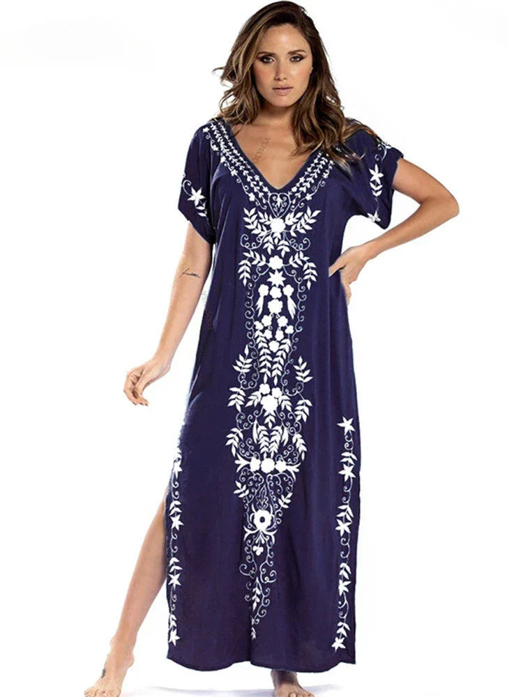 Embroidery Robe V-neck Batwing Sleeve Beach Maxi Dress