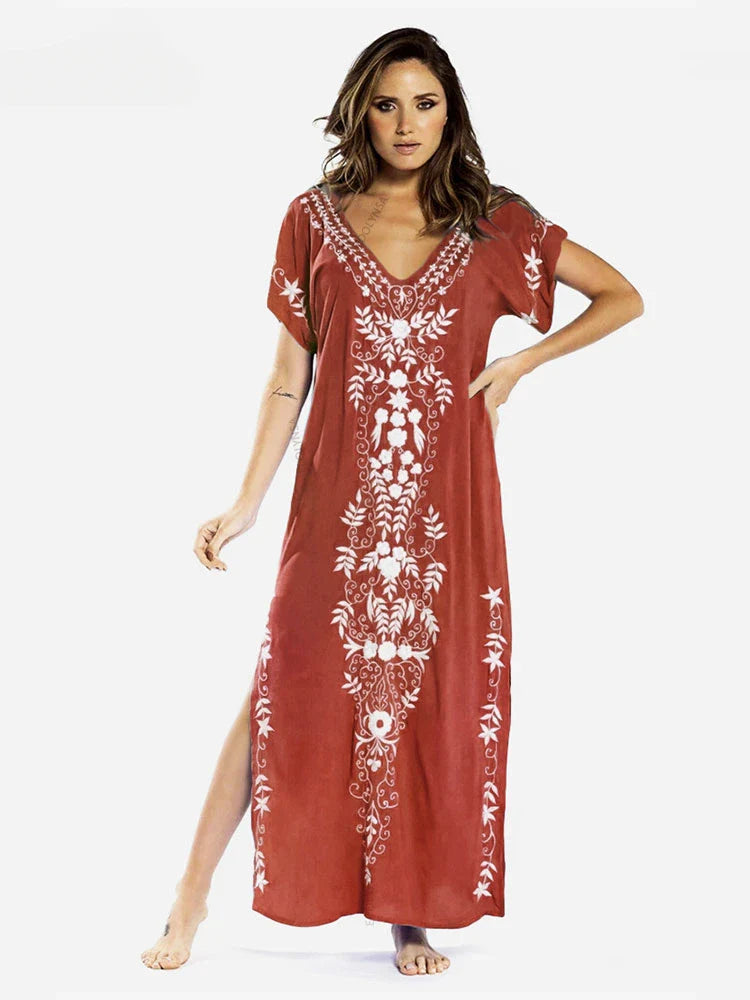 Embroidery Robe V-neck Batwing Sleeve Beach Maxi Dress