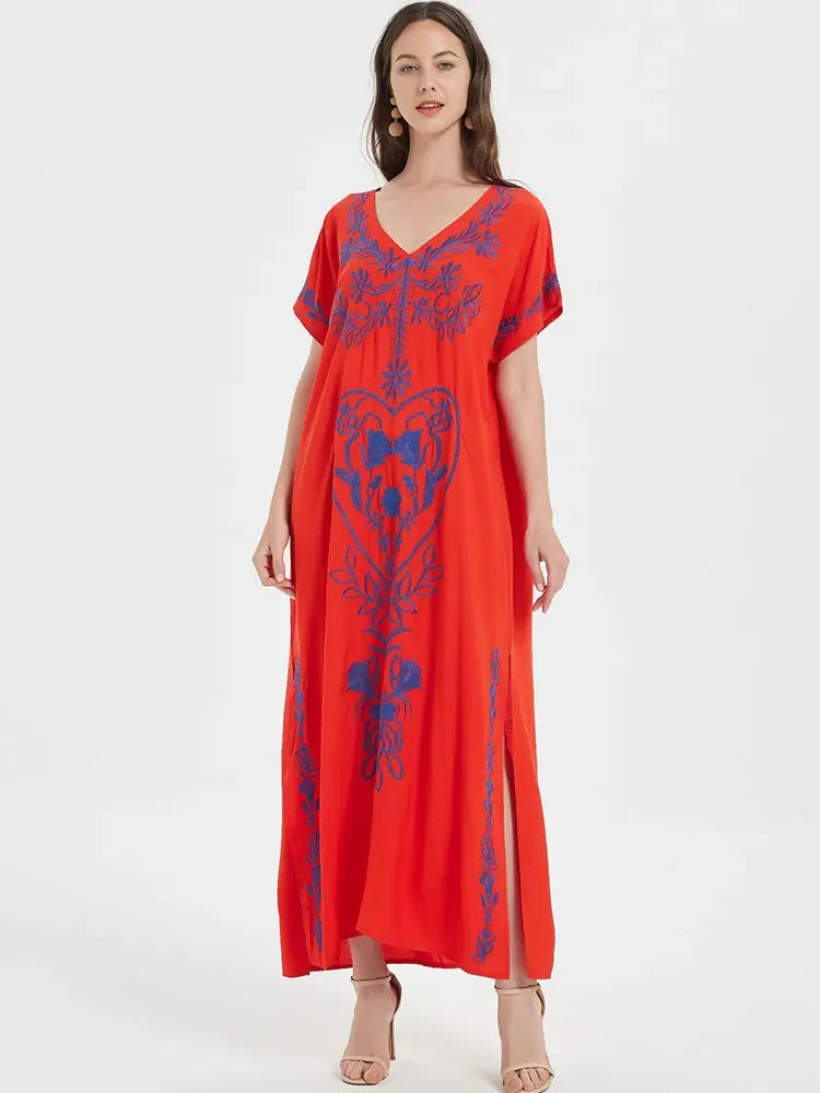 Embroidery Robe V-neck Batwing Sleeve Beach Maxi Dress