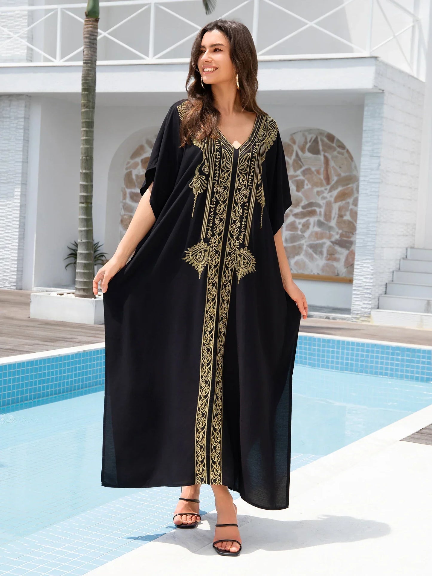 Bohemian Gold Embroidery Printed Batwing Sleeve Kaftan Dress