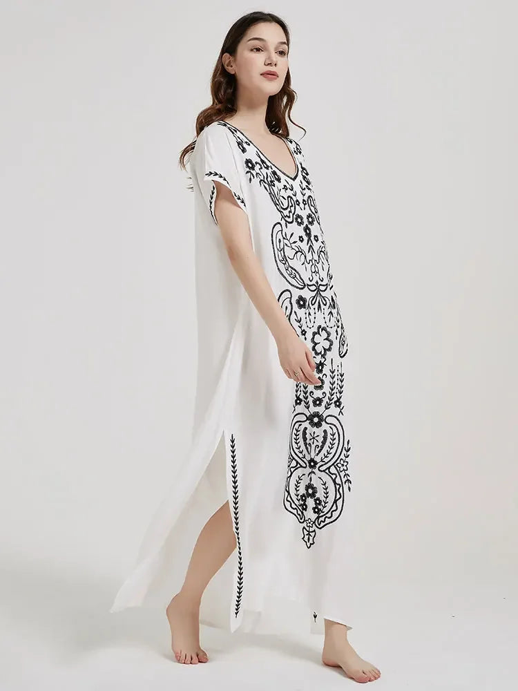 Embroidery Robe V-neck Batwing Sleeve Beach Maxi Dress