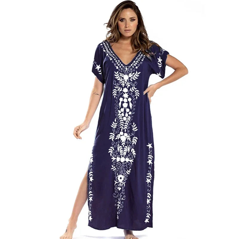 Embroidery Robe V-neck Batwing Sleeve Beach Maxi Dress