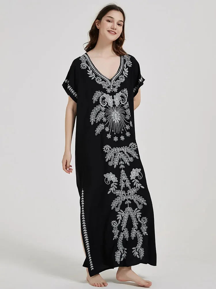 Embroidery Robe V-neck Batwing Sleeve Beach Maxi Dress