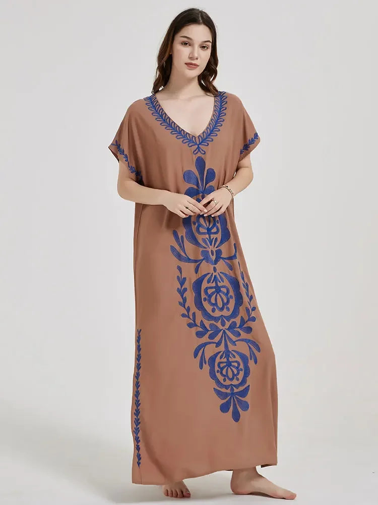 Embroidery Robe V-neck Batwing Sleeve Beach Maxi Dress