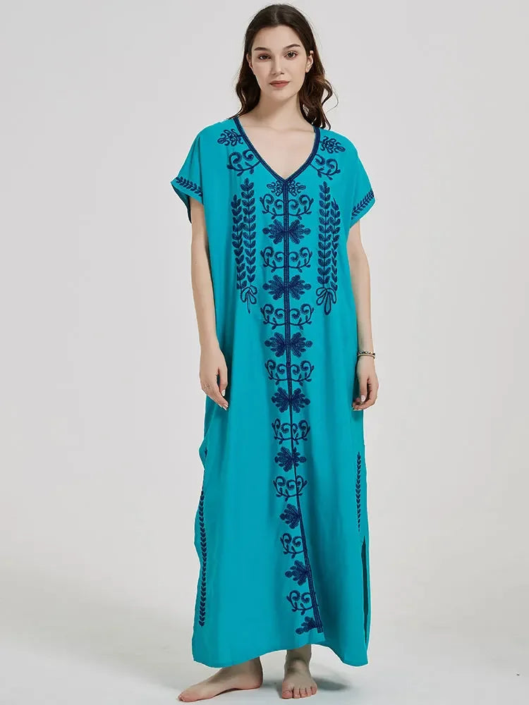 Embroidery Robe V-neck Batwing Sleeve Beach Maxi Dress