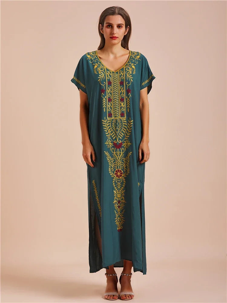 Embroidery Robe V-neck Batwing Sleeve Beach Maxi Dress
