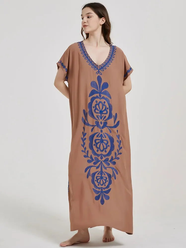 Embroidery Robe V-neck Batwing Sleeve Beach Maxi Dress