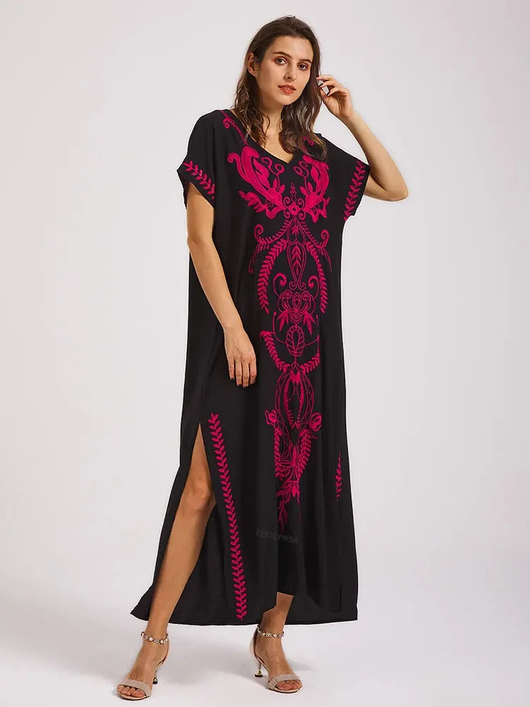 Embroidery Robe V-neck Batwing Sleeve Beach Maxi Dress