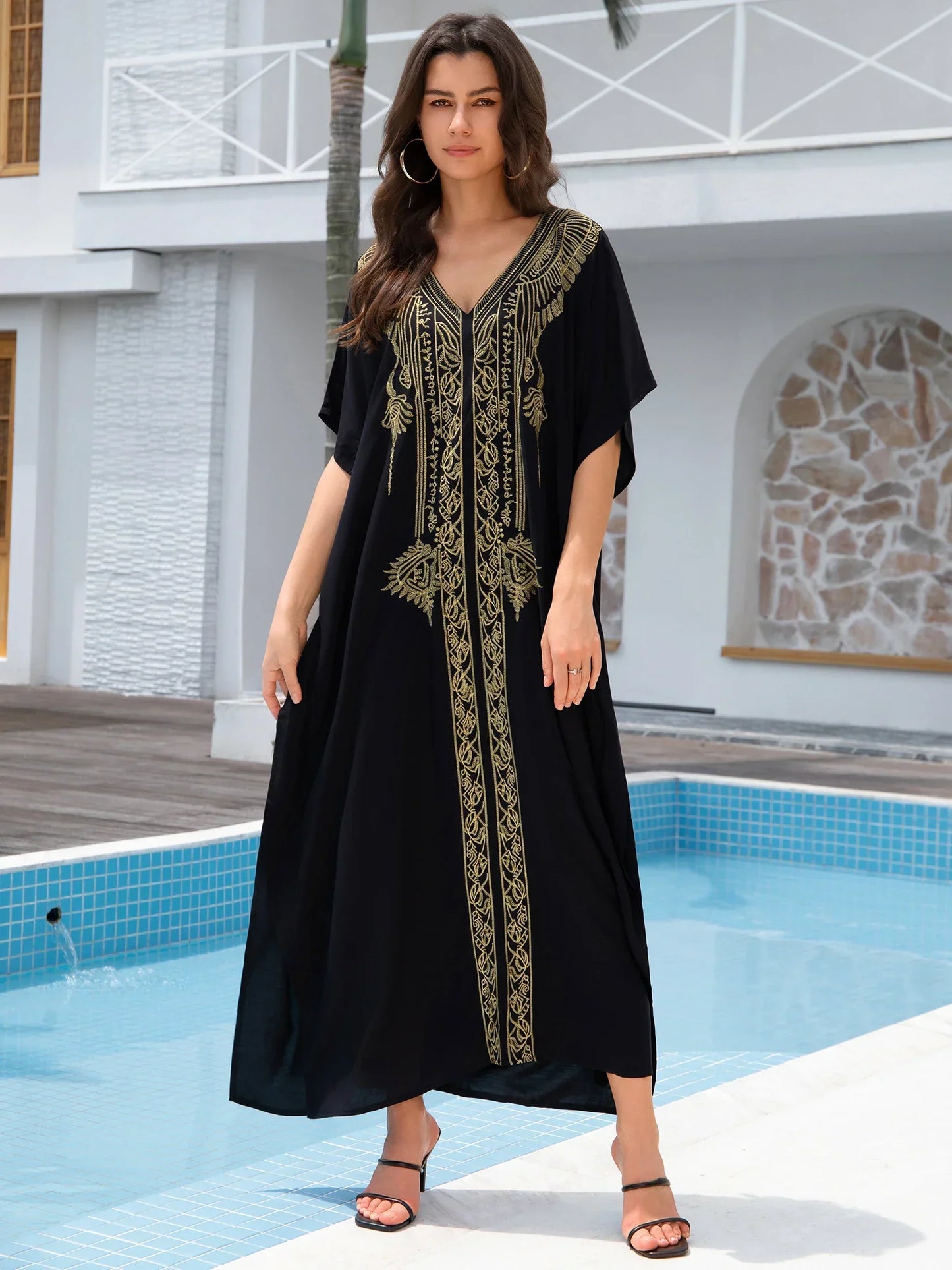 Bohemian Gold Embroidery Printed Batwing Sleeve Kaftan Dress