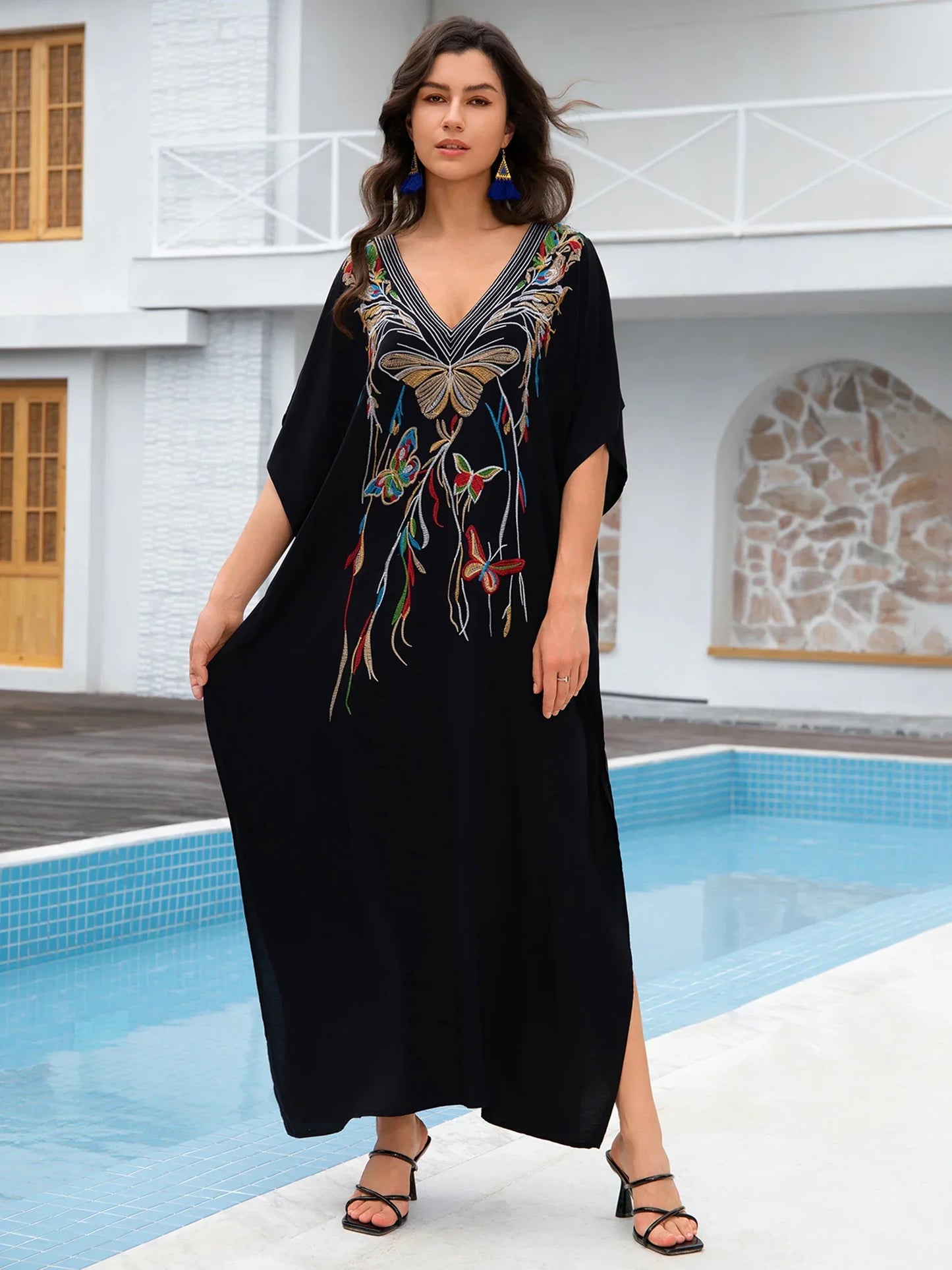 Butterfly Embroidery Print Batwing Sleeve Kaftan