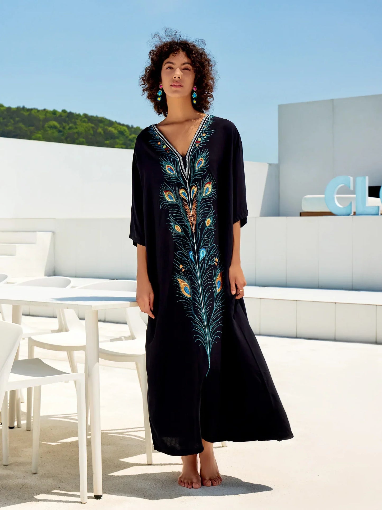 Peacock Feather Embroidered Kaftan