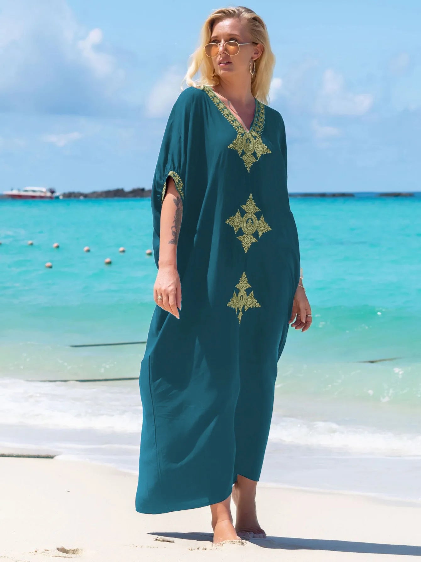 Women's Embroidery Swimsuit Cover Ups Beach Cover Up Caftan Plus Size Vneck Rainbow Ethnic Print Kaftan Batwing