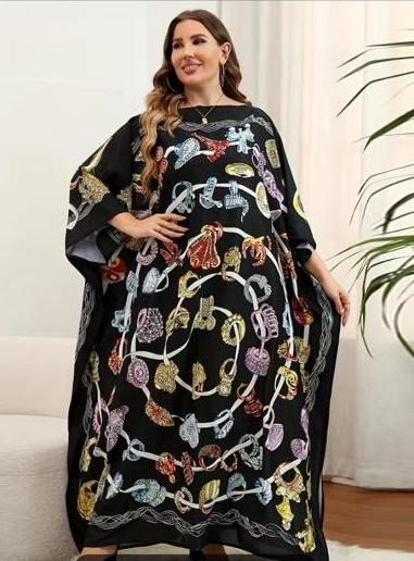 Multi-pattern Black Silky-Feel Kaftan