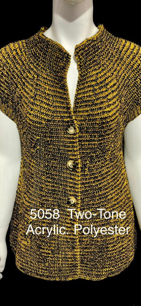 Mannequin wearing a two-tone acrylic polyester shirt with text overlay on a smartphone screen.