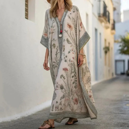 Long Sleeve Kaftan Linen Vacation Maxi Dress