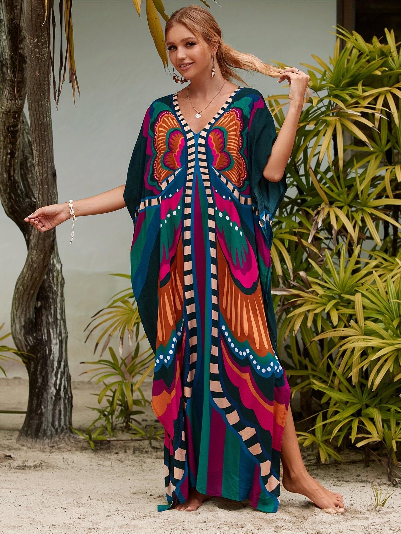 Boho V-Neck Butterfly Kaftan Dress