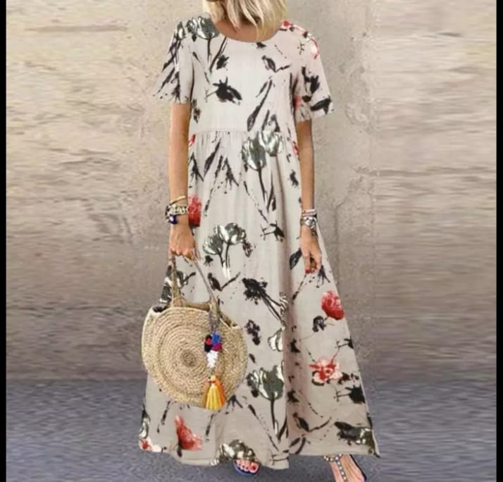 Maxi Dress Women’s Printed Casual Sundress – Beige | Ethnic Warehouse
