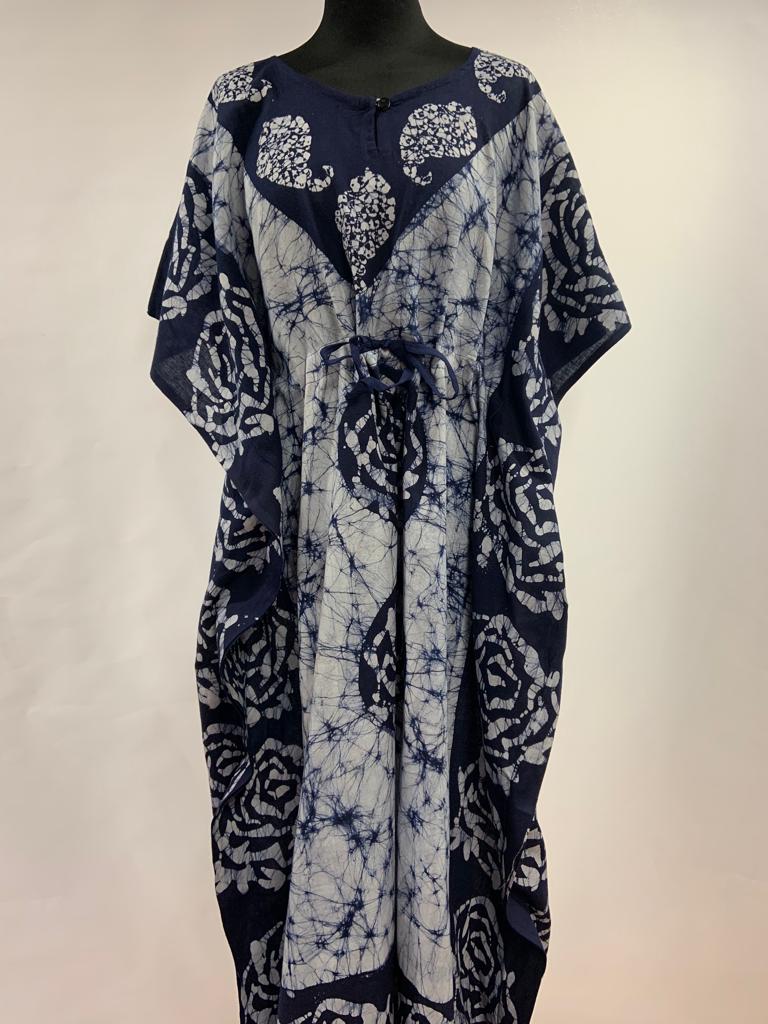 Tie dye batik navy/white drawstring kaftan | Ethnic Warehouse